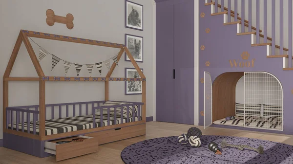 Modern alan mor ve ahşap tonlu evcil hayvanlara adanmıştır, köpek odası iç mimari fikri. Merdivenler parmak izleriyle süslenmiş, köpek kulübesi kapılı, köpek yatağı yastıklı, halı ve oyuncaklarla dolu.