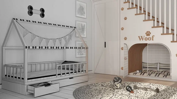 Mimari iç mimar konsepti: elle çizilmiş tamamlanmamış proje, evcil hayvanlara ayrılmış alan, köpek odası. Kulübeli merdiven, köpek yatağı, oyuncaklı halı.