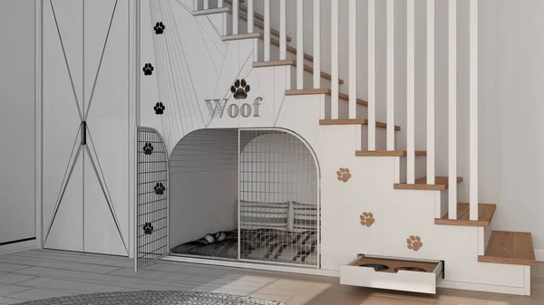 Architect interior designer concept: hand-drawn draft unfinished project that becomes real, dog room interior design. Wooden staircase decorated with prints, kennel with pillows