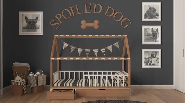 Dog room interior design, cozy space devoted to pets in gray and wooden tones. Wooden dog bed with pillow and drawer with treat bowl. Baskets with towels and toys, frames