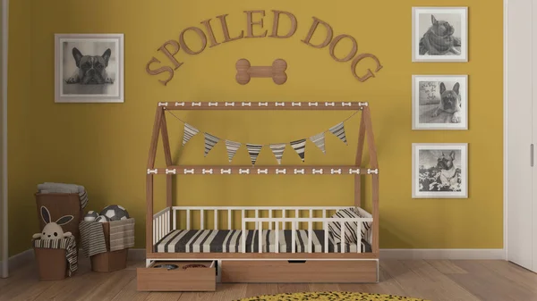 Dog room interior design, cozy space devoted to pets in yellow and wooden tones. Wooden dog bed with pillow and drawer with treat bowl. Baskets with towels and toys, frames