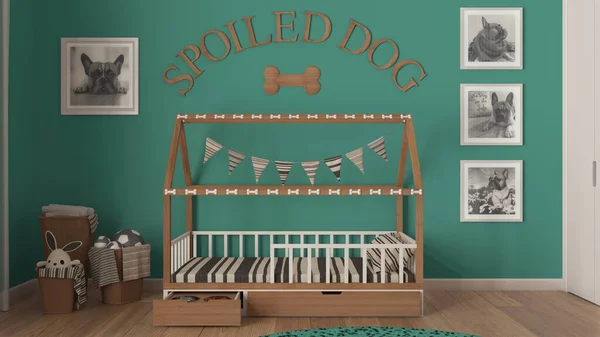 Dog room interior design, cozy space devoted to pets in turquoise and wooden tones. Wooden dog bed with pillow and drawer with treat bowl. Baskets with towels and toys, frames