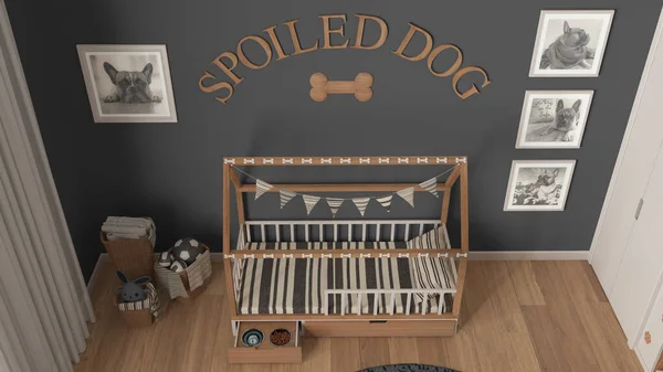 Dog room interior design, cozy space devoted to pets in gray and wooden tones. Wooden dog bed with pillow and drawer with treat bowl. Baskets, frames and decors. Top view, above