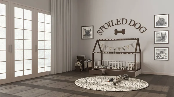 Dog room interior design, modern space devoted to pets in dark wooden tones. Big window with curtain and parquet floor, cozy dog bed with pillows, frames, carpet with toys