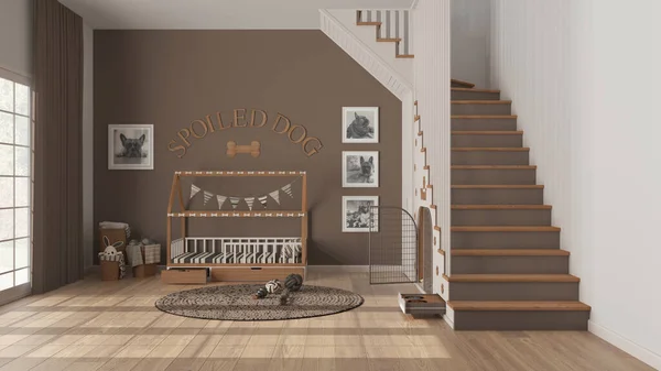 Modern Space Devoted Pets Taupe Wooden Tones Dog Room Interior — Fotografia de Stock