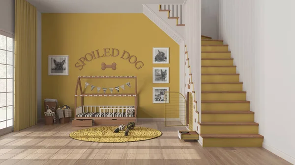 Modern Space Devoted Pets Yellow Wooden Tones Dog Room Interior — Φωτογραφία Αρχείου
