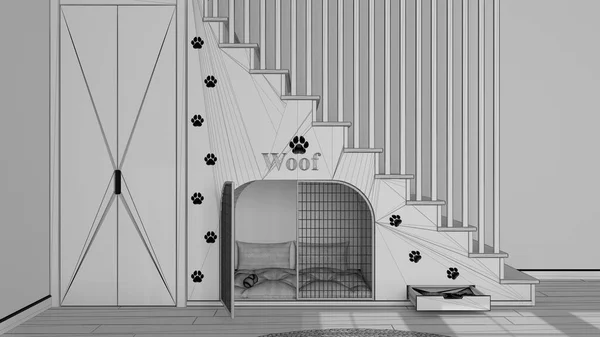Nedokončený Návrh Projektu Design Interiéru Šetrný Domácímu Mazlíčkovi Dřevěné Schodiště — Stock fotografie