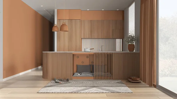Pet friendly wooden and orange kitchen. Space devoted to pets, dog bed inside furniture with pillows and toys. Carpet, treat bowl, big window with curtains, parquet. Interior design