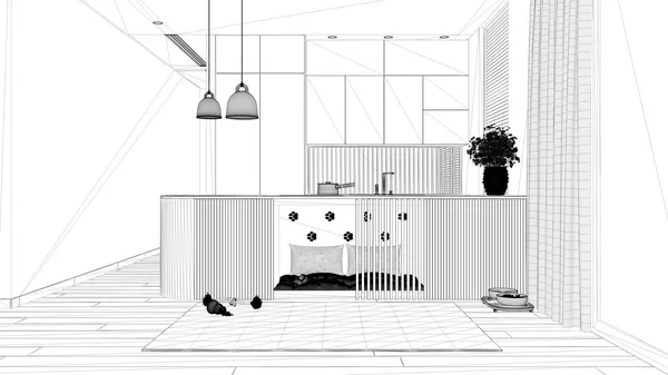 Blueprint Project Draft Pet Friendly Kitchen Space Devoted Pets Dog — стоковое фото