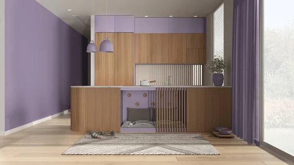Pet friendly wooden and purple kitchen. Space devoted to pets, dog bed inside furniture with pillows and toys. Carpet, treat bowl, big window with curtains, parquet. Interior design