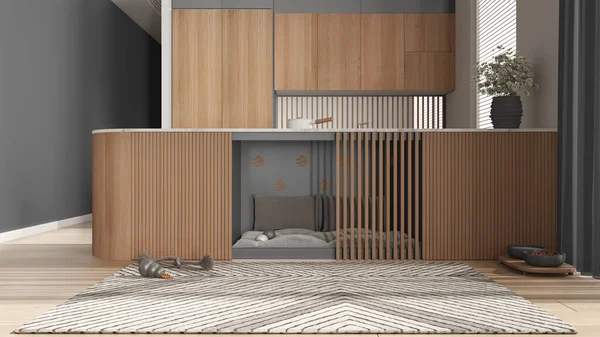 Evcil hayvanlara ayrılmış alan, köpek dostu ahşap ve gri mutfak. Yastıklı ve oyuncaklı dolapların içindeki köpek yatağı. Halı, ikram kasesi, perdeli büyük bir pencere, parke. İç tasarım