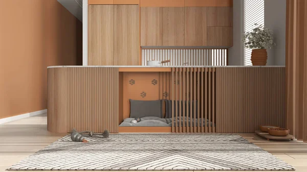 Evcil hayvanlara ayrılmış alan, köpek dostu ahşap ve turuncu mutfak. Yastıklı ve oyuncaklı dolapların içindeki köpek yatağı. Halı, ikram kasesi, perdeli büyük bir pencere, parke. İç tasarım