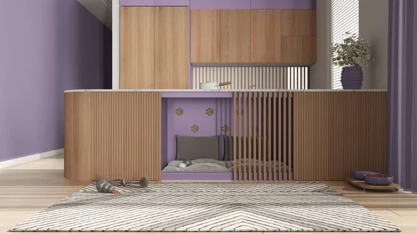 Evcil hayvanlara ayrılmış alan, köpek dostu ahşap ve mor mutfak. Yastıklı ve oyuncaklı dolapların içindeki köpek yatağı. Halı, ikram kasesi, perdeli büyük bir pencere, parke. İç tasarım