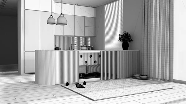 Tamamlanmamış proje taslağı, modern mutfak, evcil hayvanlara ayrılmış köpek dostu alan. Yastıklı ve oyuncaklı dolapların içindeki köpek yatağı. Perdeli pencereler, halı, ikram kasesi. İç tasarım