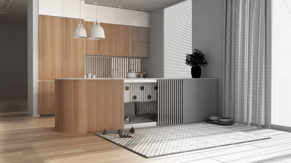 Mimari iç mimar konsepti: tamamlanmamış el yapımı taslak proje gerçeğe dönüşüyor, mutfak, evcil hayvanlara ayrılmış köpek dostu alan. Yastıklı ve oyuncaklı köpek yatağı