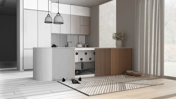 Mimari iç mimar konsepti: tamamlanmamış el yapımı taslak proje gerçeğe dönüşüyor, mutfak, evcil hayvanlara ayrılmış köpek dostu alan. Yastıklı ve oyuncaklı köpek yatağı