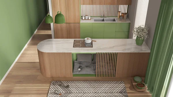 Hundefreundliche Hölzerne Und Grüne Küche Hundebett Möbeln Mit Weichen Kissen — Stockfoto