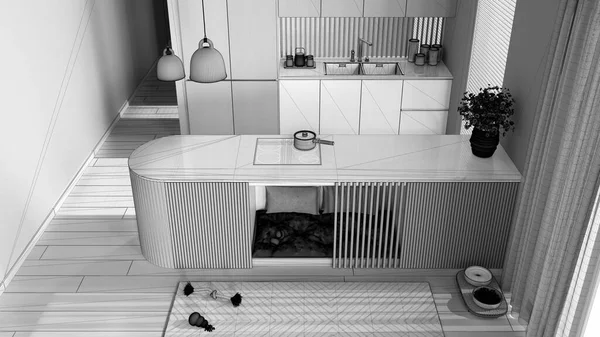 Незавершенный Проект Кухня Собак Собачья Кровать Внутри Мебели Подушками Игрушками — стоковое фото