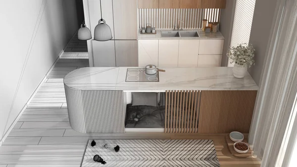 Mimar iç mimar konsepti: elle çizilmiş tamamlanmamış taslak proje gerçeğe dönüşüyor, köpek dostu mutfak. Mobilyaların içindeki köpek yatağı, evcil hayvanlara ayrılmış alan. Üst görünüm, yukarıda