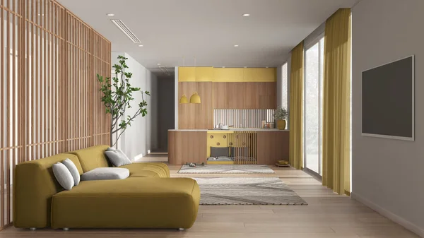 Pet friendly wooden and yellow living room with sofa and kitchen. Space devoted to pets, dog bed inside furniture. Carpet, big windows with curtains, parquet. Interior design idea