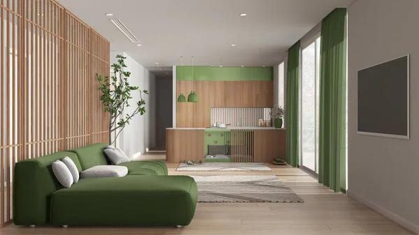 Pet Friendly Wooden Green Living Room Sofa Kitchen Space Devoted — 스톡 사진