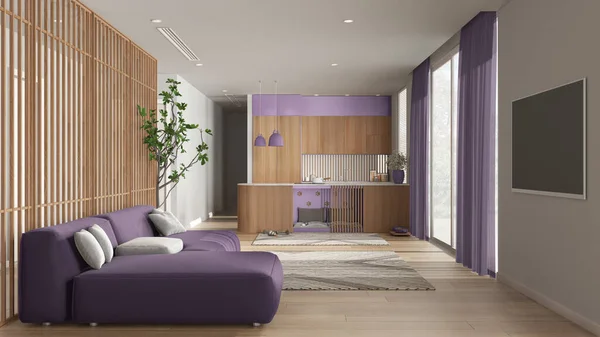 Pet Friendly Wooden Purple Living Room Sofa Kitchen Space Devoted — стоковое фото