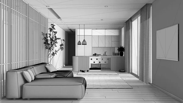 Unfinished Project Draft Pet Friendly Living Room Sofa Kitchen Space — 图库照片
