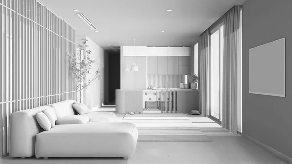 Insgesamt Weißer Projektentwurf Haustierfreundliches Wohnzimmer Mit Sofa Und Küche Platz — Stockfoto