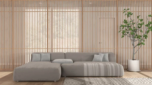 Minimalistyczny Nowoczesny Salon Odcieniach Bieli Aksamitna Sofa Poduszkami Drewniany Panel — Zdjęcie stockowe