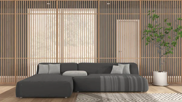 Gri tonlu minimalist modern oturma odası, yastıklı kadife kanepe, arka planda ahşap panel, halı, parke zemin. Büyük panoramik pencere ve saksı bitkisi. İç tasarım