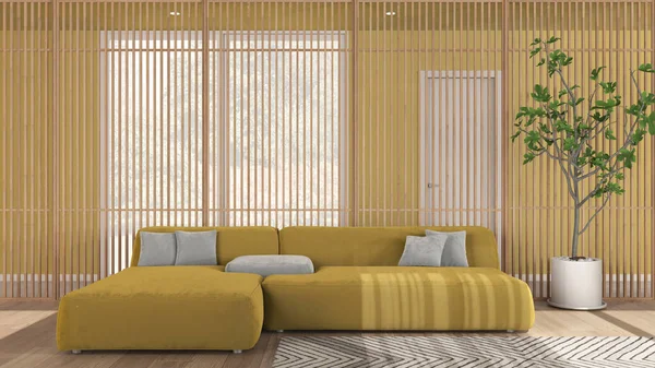 Minimalist modern living room in yellow tones, velvet sofa with pillows, wooden panel in the background, carpet, parquet floor. Big panoramic window and potted plant. Interior design