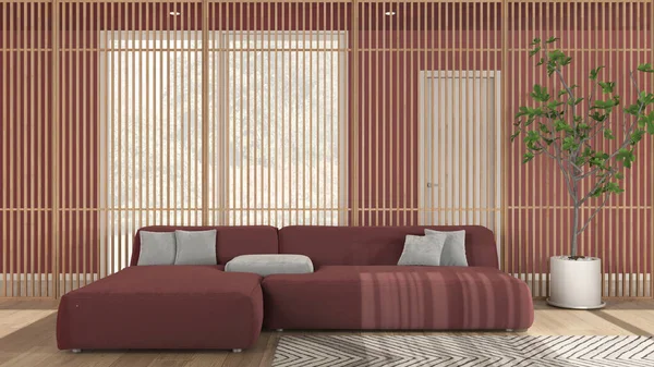 Kırmızı tonlu minimalist modern oturma odası, yastıklı kadife kanepe, arka planda ahşap panel, halı, parke zemin. Büyük panoramik pencere ve saksı bitkisi. İç tasarım