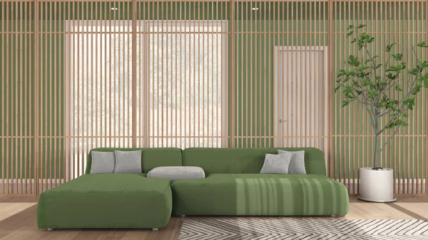Minimalistisch Modernes Wohnzimmer Grüntönen Samtsofa Mit Kissen Holzplatte Hintergrund Teppich — Stockfoto