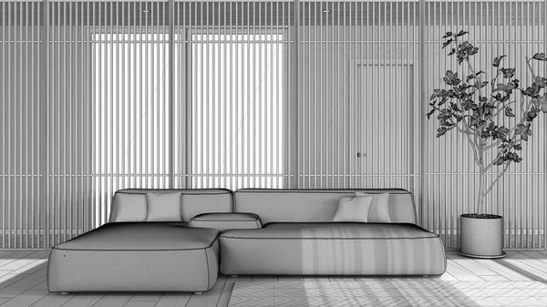 Unfinished Project Draft Minimalist Living Room Velvet Sofa Pillows Wooden — Fotografia de Stock