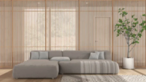 Rozmyte Tło Minimalistyczny Nowoczesny Salon Aksamitna Sofa Poduszkami Drewniany Panel — Zdjęcie stockowe