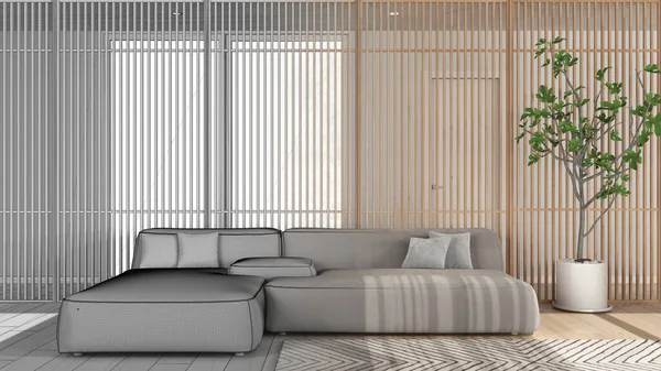 Mimari iç mimar konsepti: gerçek, oturma odası, kanepe, arka planda ahşap panel, halı, parke haline gelen el çizimi tamamlanmamış proje. Pencere ve saksı bitkisi
