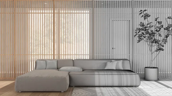 Mimari iç mimar konsepti: gerçek, oturma odası, kanepe, arka planda ahşap panel, halı, parke haline gelen el çizimi tamamlanmamış proje. Pencere ve saksı bitkisi