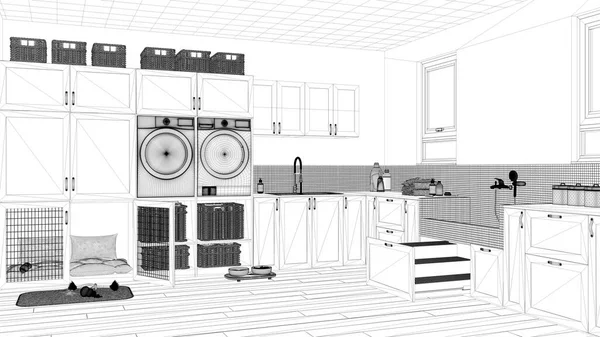 Blueprint Project Draft Pet Friendly Modern Laundry Room Mudroom Cabinets — Stockfoto