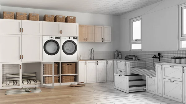 Mimari iç mimar konsepti: gerçek hale gelen el yapımı taslak proje, hayvan dostu çamaşır odası, dolaplı ve teçhizatlı çamur odası. Merdivenli köpek banyosu.