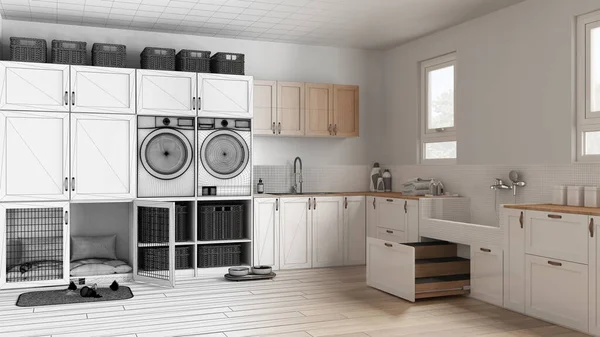 Mimari iç mimar konsepti: gerçek hale gelen el yapımı taslak proje, hayvan dostu çamaşır odası, dolaplı ve teçhizatlı çamur odası. Merdivenli köpek banyosu.