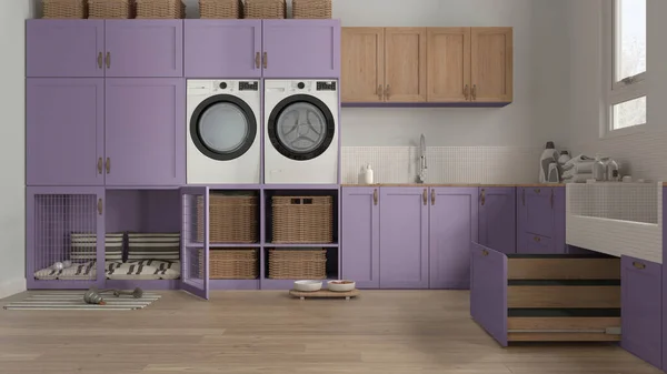 Space Devoted Pet Pet Friendly Laundry Room Purple Tones Appliances — Stockfoto