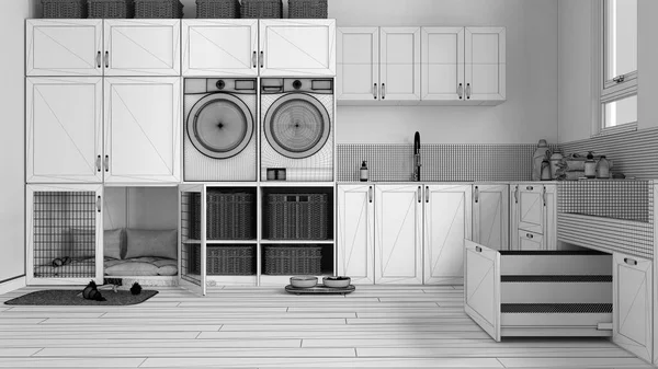 Tamamlanmamış proje taslağı, evcil hayvana ayrılmış alan, ev hayvanı dostu çamaşır odası, alet edevat ve çekmecede merdiveni olan köpek banyosu. Kapılı köpek yatağı. Modern iç tasarım