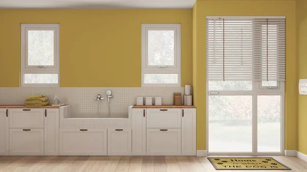 Space Devoted Pet Modern Laundry Room Yellow Tones Cabinets Dog — Foto Stock