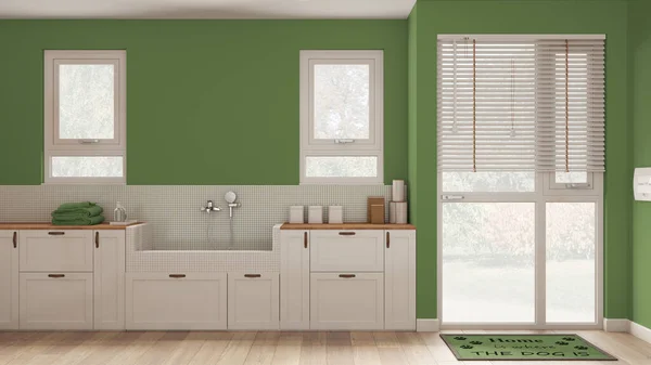 Space Devoted Pet Modern Laundry Room Green Tones Cabinets Dog — Foto de Stock