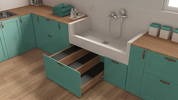 Pet friendly laundry room, close up, mudroom in turquoise tones with cabinets and dog bath shower with tiles and accessories, ladder inside a drawer. Interior design, top view, above