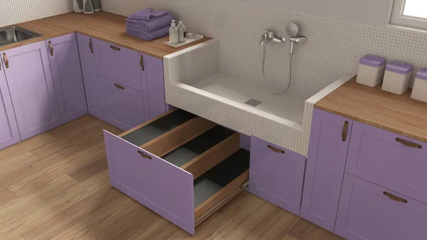 Pet friendly laundry room, close up, mudroom in purple tones with cabinets and dog bath shower with tiles and accessories, ladder inside a drawer. Interior design, top view, above