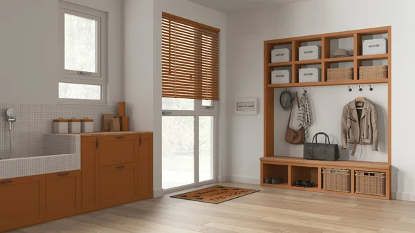 Pet Friendly Mudroom Laundry Room Cabinets Shelves Orange Wooden Tones — Zdjęcie stockowe