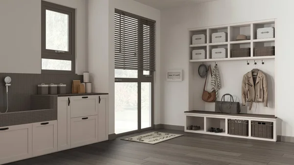 Evcil hayvan dostu çamur odası, çamaşır odası, dolaplar ve raflar karanlık ve ahşap tonlarda. Mozaik fayanslar ve aksesuarlarla köpek banyosu. Ceket askısı ve bank. Modern iç tasarım
