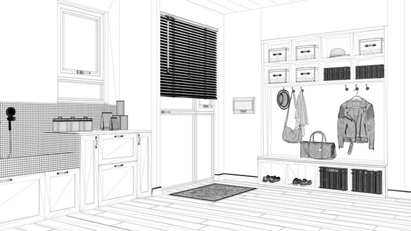 Blueprint Project Draft Pet Friendly Mudroom Laundry Room Cabinets Shelves — стоковое фото