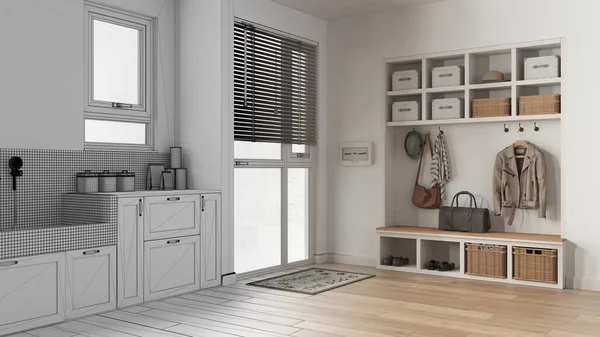 Mimari iç mimar konsepti: gerçek hale gelen el yapımı taslak proje, hayvan dostu çamur odası, çamaşır odası, dolaplar ve raflar. Köpek banyosu, askı ve bank.